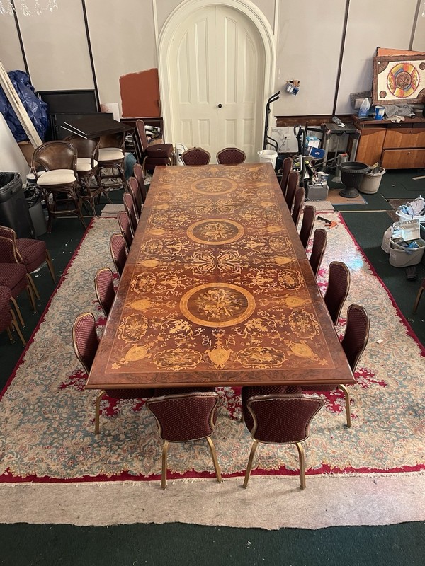 Antique Ornate Rectangular Wood Dining Table Brown Gold Carvings Seats 16