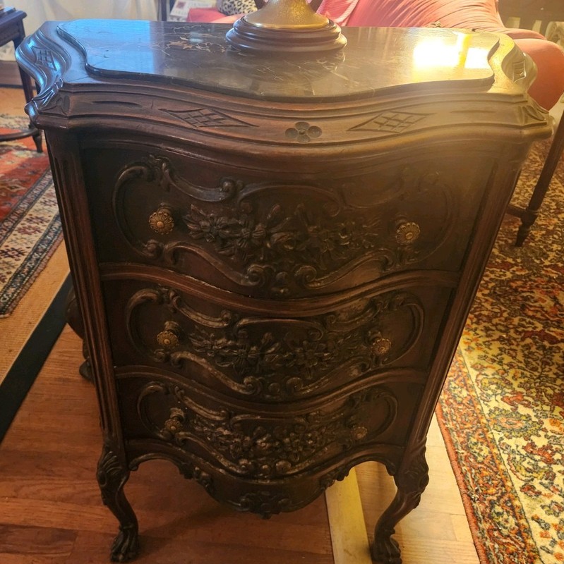 Antique Marble Top Heavily Carved Server With 2 Drawers gallery