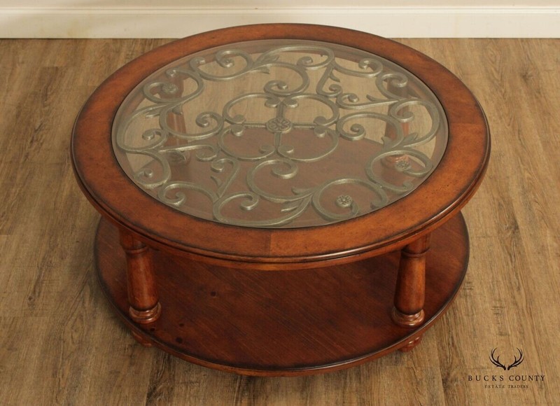 Rustic European Style Wood and Glass Top Iron Scroll Round Cocktail Table gallery