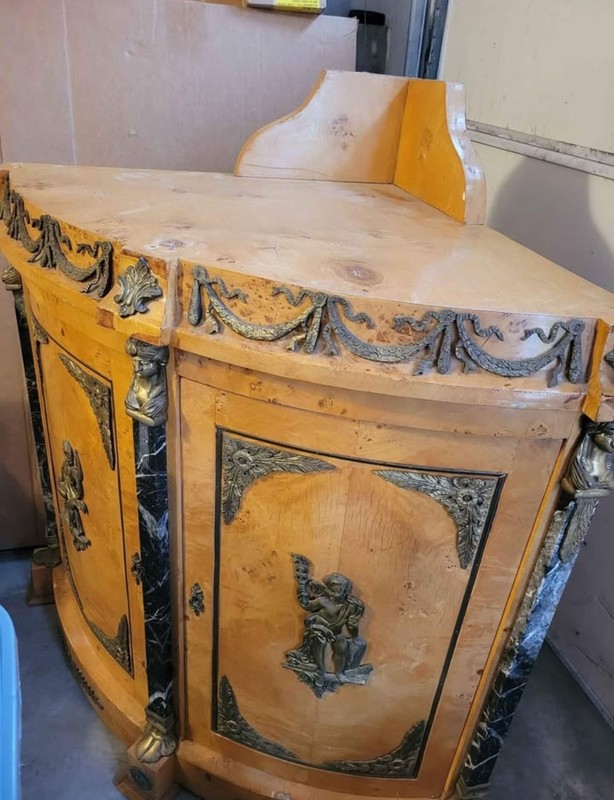 FRENCH EMPIRE REVIVAL BURR WALNUT CORNER CABINET BRONZE SPHINX MOUNTS IN MARBLE