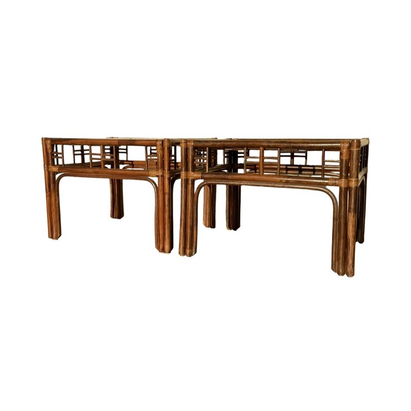 Vintge Coastal Bentwood Rattan Side Table Pair
