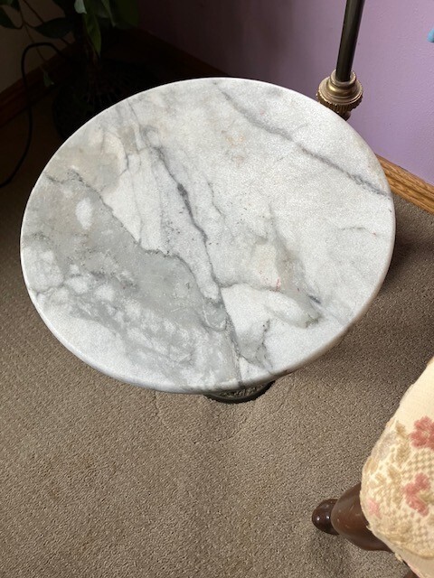 Antique Round Marble Top w/ Brass Filigree Base Accent Table. gallery