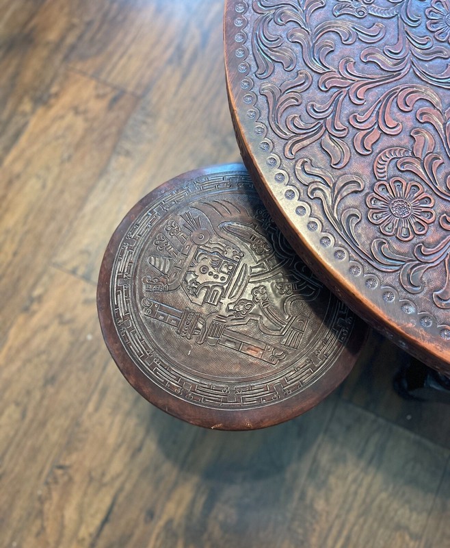 Rare Peruvian Hand Tooled Leather Wooden Coffee Table With 4 Stools Vintage gallery