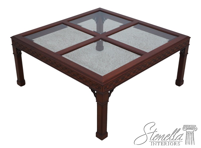 67748: KINDEL Chinese Chippendale Glass Top Mahogany Coffee Table