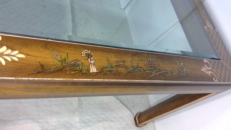 Mid Century Asian Dining Table 102" long Glass paneled top hand painted gallery