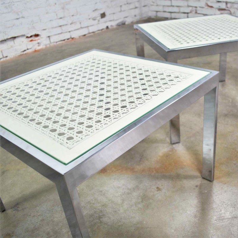 Pr Chrome & White Cane Square Side Tables Glass Top Mid Century Modern to Modern gallery