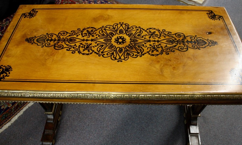 French Satinwood Table: Console, Foyer, Library, Sofa. Marquetry Inlay. 1940s gallery