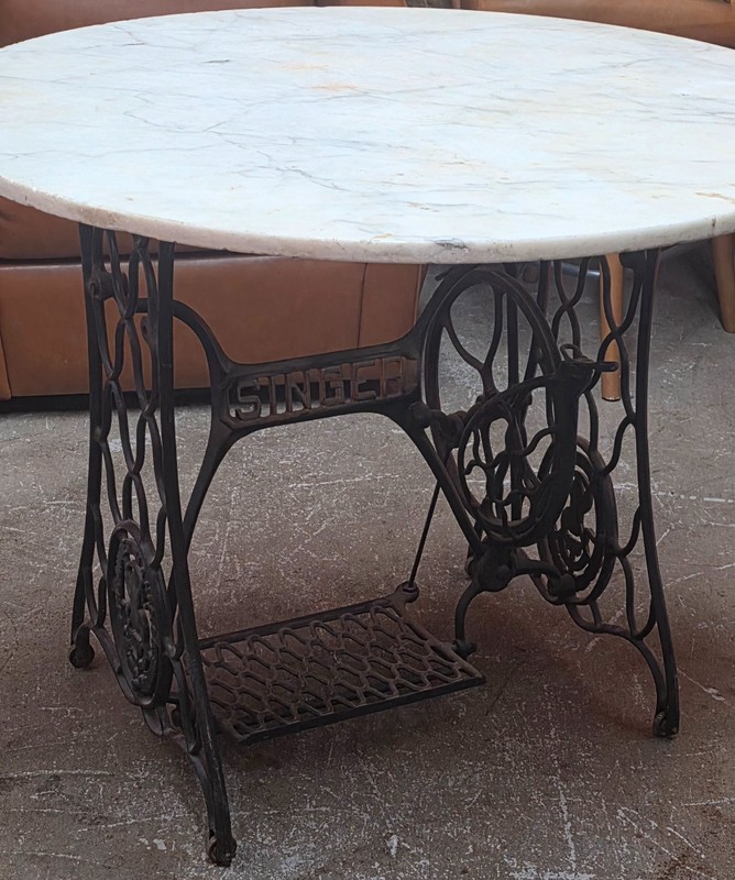 Vintage Singer Cast Iron Treadle Base Console Table w/ Circular Marble Top gallery