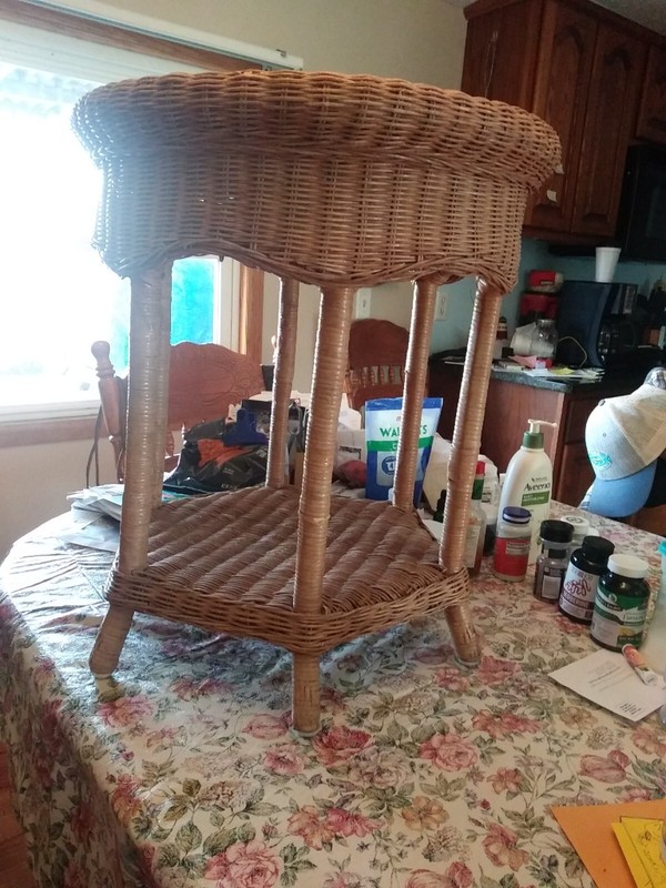 Vintage Rattan Side Table Plant Stand Weaved Wicker Top Boho Mid-Century Modern