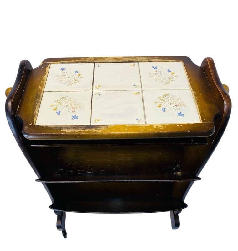 VINTAGE ELEGANT WOODEN SIDE TABLE WITH TILED TOP GERMANY 1960S RARE VERY NICE