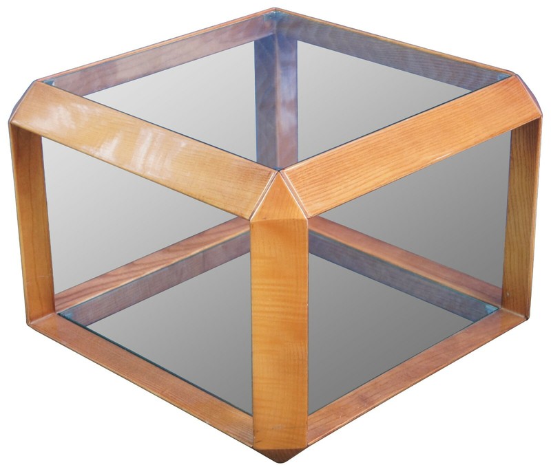 Mid Century Italian Modern Wood & Glass Square Cube Side End Table Minimalist