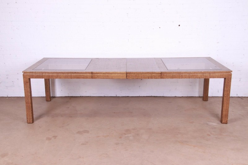 Karl Springer Attributed Mid-Century Lacquered Grasscloth Extension Dining Table gallery