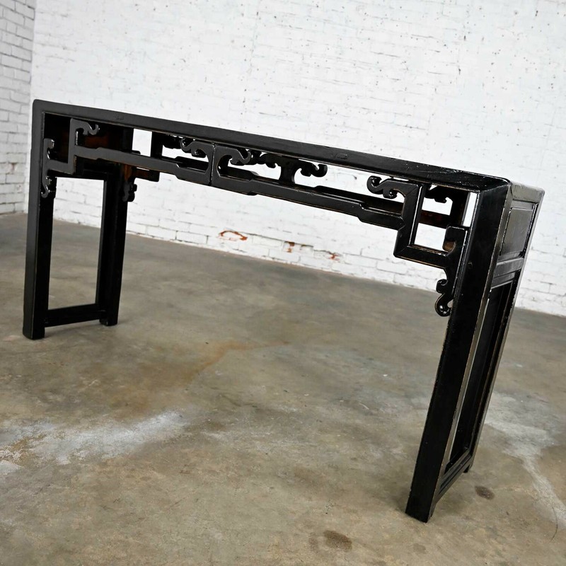 Asian Chinoiserie Distressed Black Finish Alter Style Sofa Console Table gallery