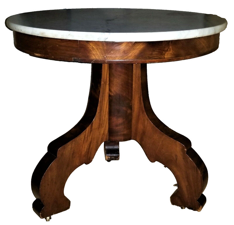Foyer, Center TABLE, c1840 Empire Restauration, Mahogany, White Marble, 30" dia gallery
