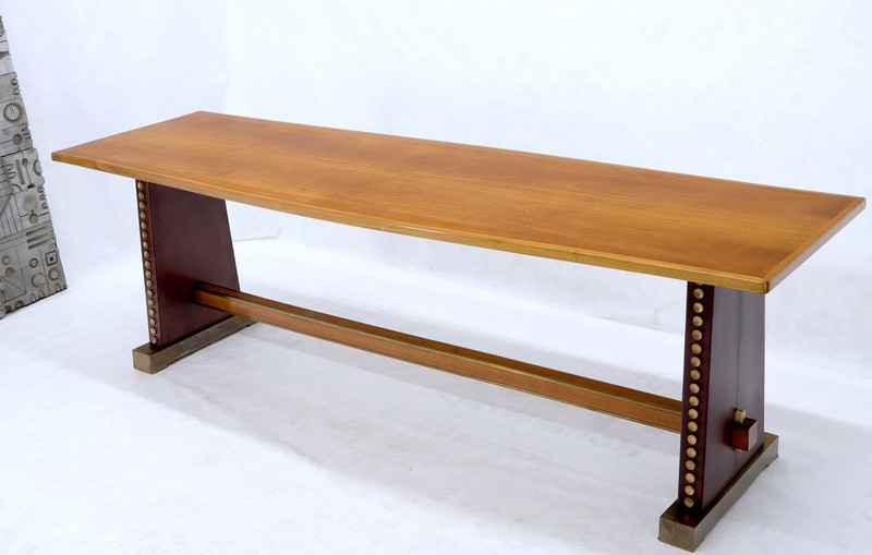 Narrow Long Boat Shape Walnut Dining Harvest Table Studs Leather Brass Decorated gallery