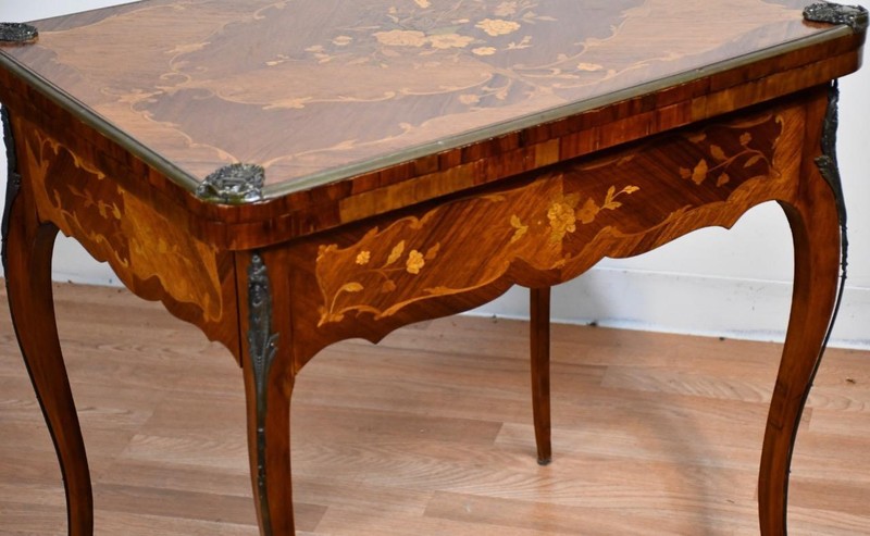 1880 Antique French Louis XV Walnut & Satinwood Inlaid Flip top Game Table gallery