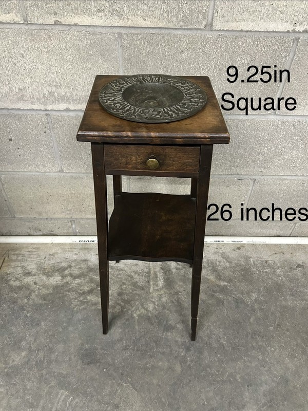 Antique Wood Side Table Square 9.25in Drawer Metal Plate 26in Tall Brown