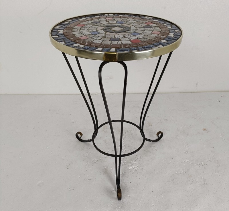 Side Round Table Plant stand Ceramic Tiles Mosaic wrought Iron Legs lovely vint gallery
