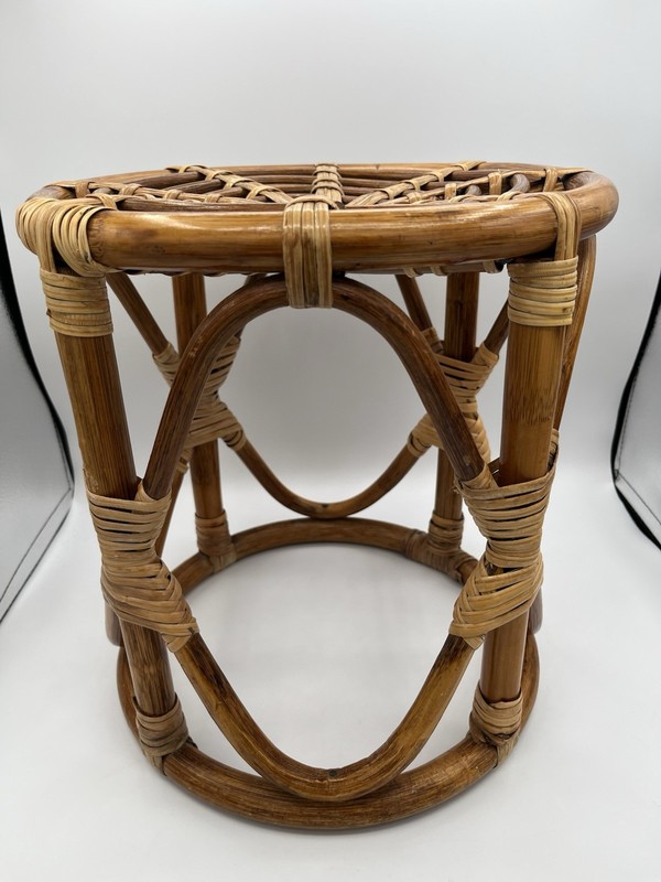 Vintage MCM Boho Chic Bamboo Rattan Round Table Stool Coastal Tiki Plant Stand gallery