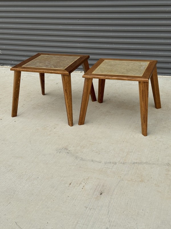 Pair Mid Century Modern HANDMADE Ranch Oak & Inlaid Ceramic Tile Top Side Tables gallery