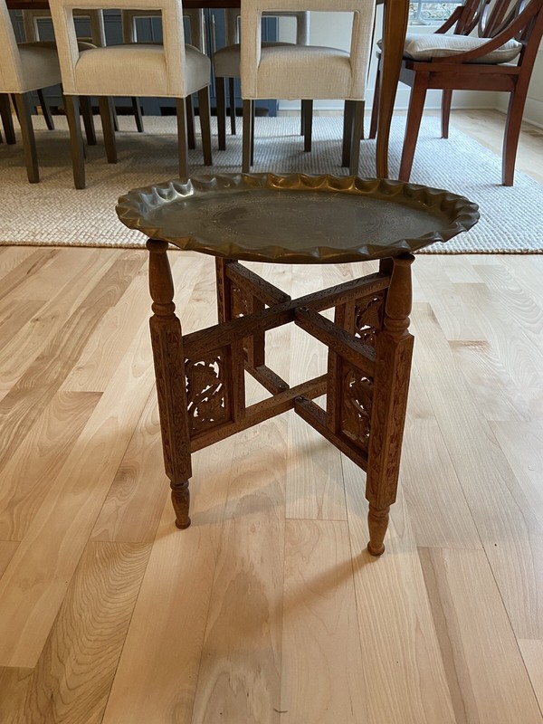 Mid Century Modern MCM Round Brass Asian Folding Platter Moroccan Table Vintage
