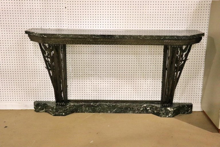 Edgar Brandt Attributed Wrought Iron Verdi Marble Top and Base Console Table gallery
