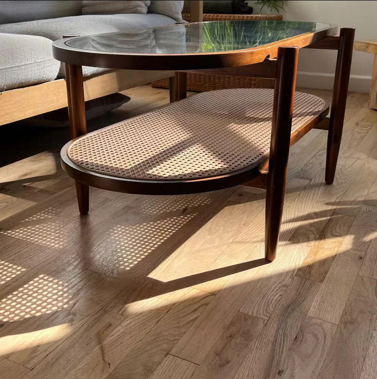 Mid-Century Modern Rattan Glass Coffee Table Oval Two-Tier Solid Wood Frame gallery