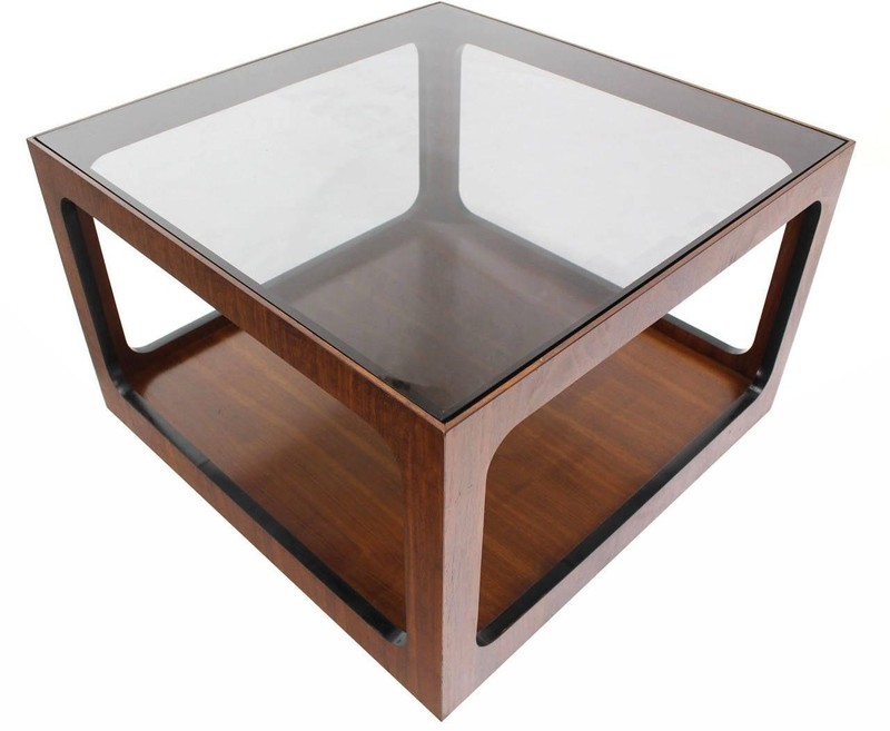 Mid Century Modern Square Cube Walnut Base Glass Top Coffee Side End Lamp Table gallery