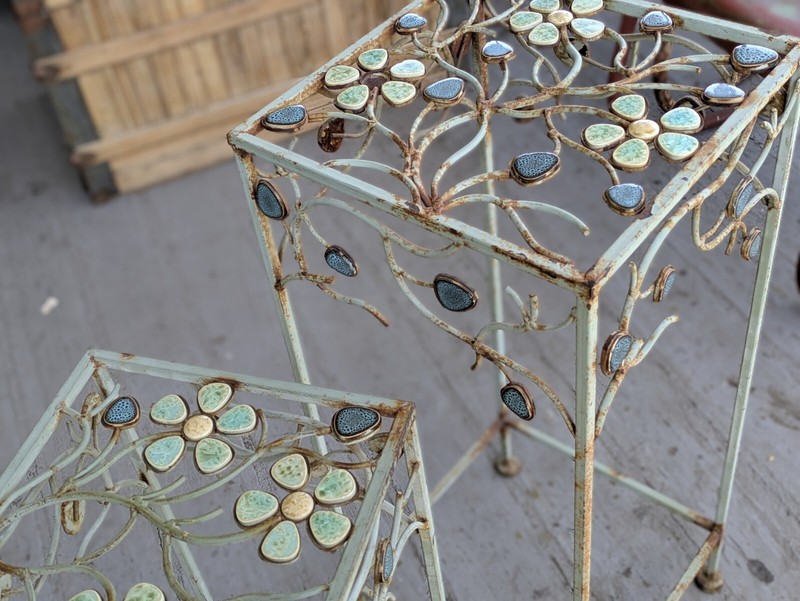Vintage Distressed Metal End Side Tables two floral flower design teal plant sta gallery