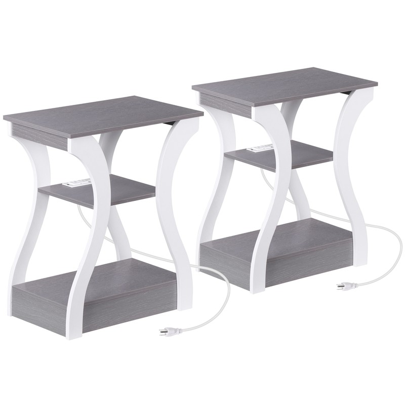 End Table Set of 2 Living Room w/ Charging Station & USB Ports Side Table Gray gallery