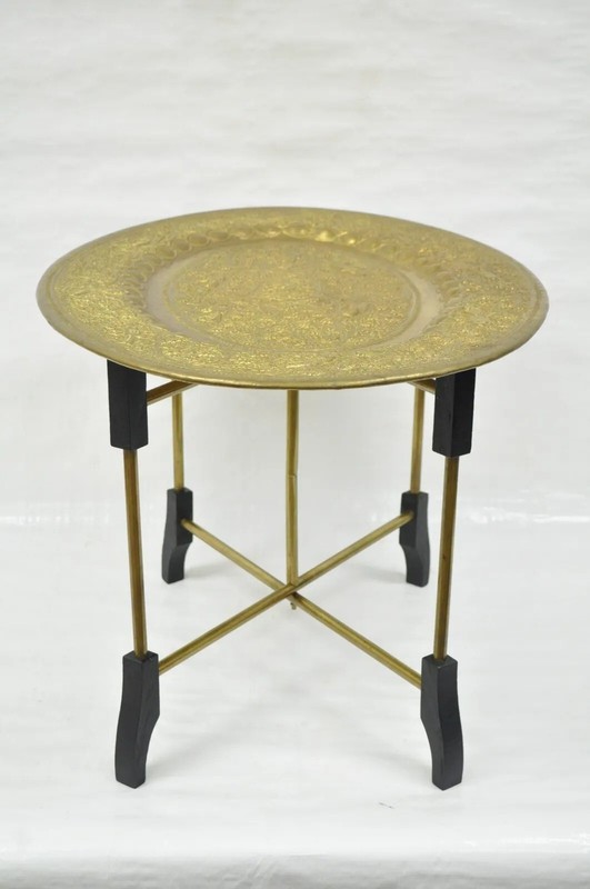 Vintage Moroccan Brass Bird Embossed Oval Tray Folding Small Coffee Table gallery