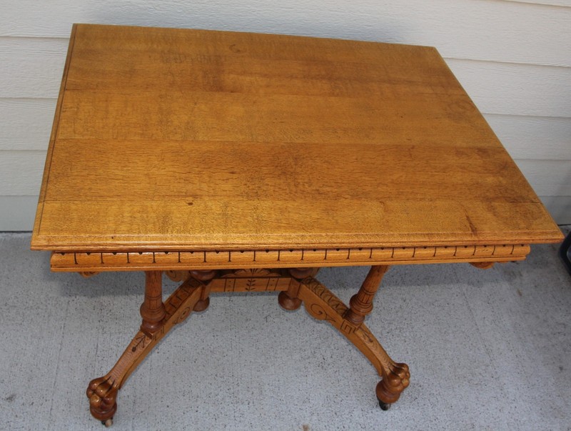 Antique Ornate Solid Quartersawn Oak Heavily Carved 4 Clawfoot Lamp Accent Table gallery
