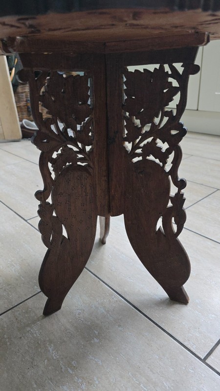 vintage Teak carved folding side table plantstand table bevelled leaves gallery