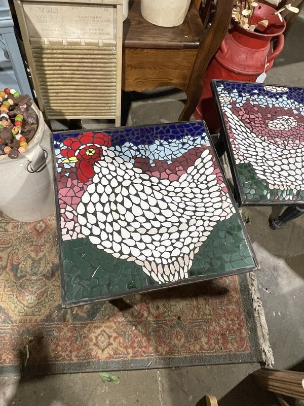 Pair Of Antique French Country Mosaic Chicken Rooster Side Tables Farmhouse gallery
