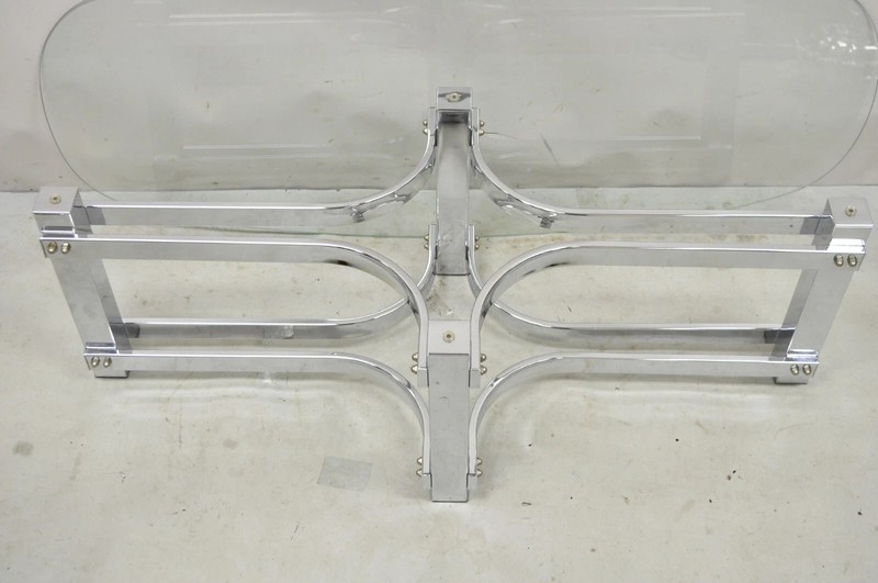 Vintage Mid Century Modern Oval Glass Top Sculptural Chrome Frame Coffee Table gallery
