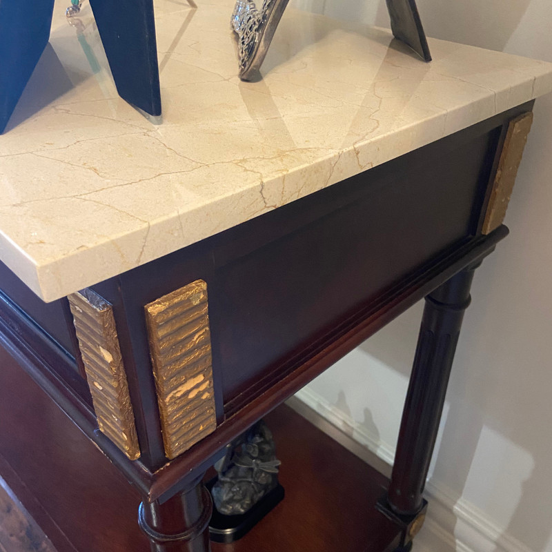 Vintage Wood Console Table with Marble Top, Gold Leaf Paint and Brass Accents gallery