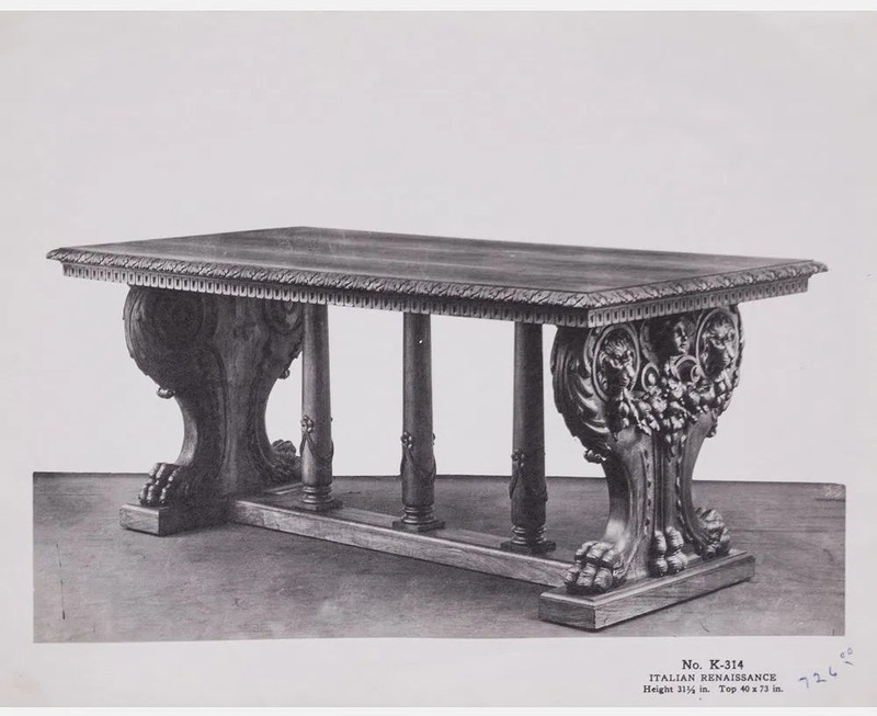 Library Table, Renaissance, Lions, Cherub, Carved Walnut, Century Furniture, 73" gallery