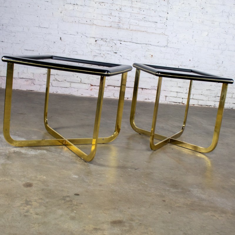 Modern End Side Tables 1 Rectangle 1 Square Glass Inset Tops & Brass Plate Bases gallery