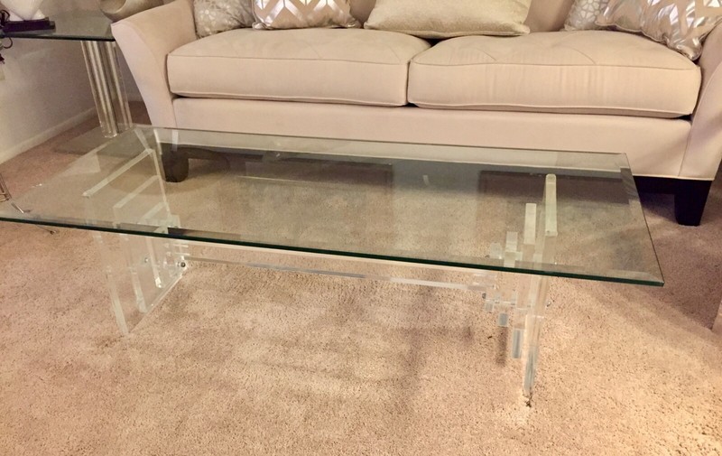 1 Mid Century Modern Lucite base glass top coffee table & 2 matching end tables