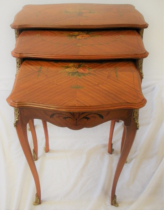 Antique French Mahogany Hand Painted Inlaid Nesting Tables With Brass Ormolu—Set