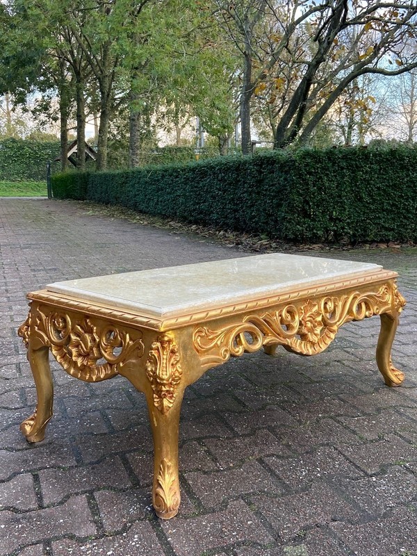 Table Italian Baroque Gilt Beech Marble Coffee Vintage 1970s Elegant gallery