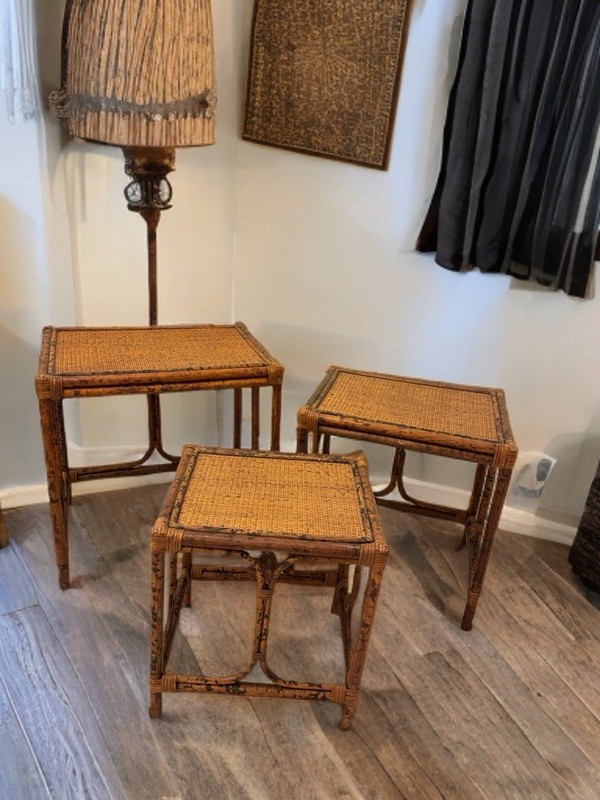 Vintage Bamboo & Wicker Nesting Tables – Set of 3, Boho Decor, Mid-Century Style
