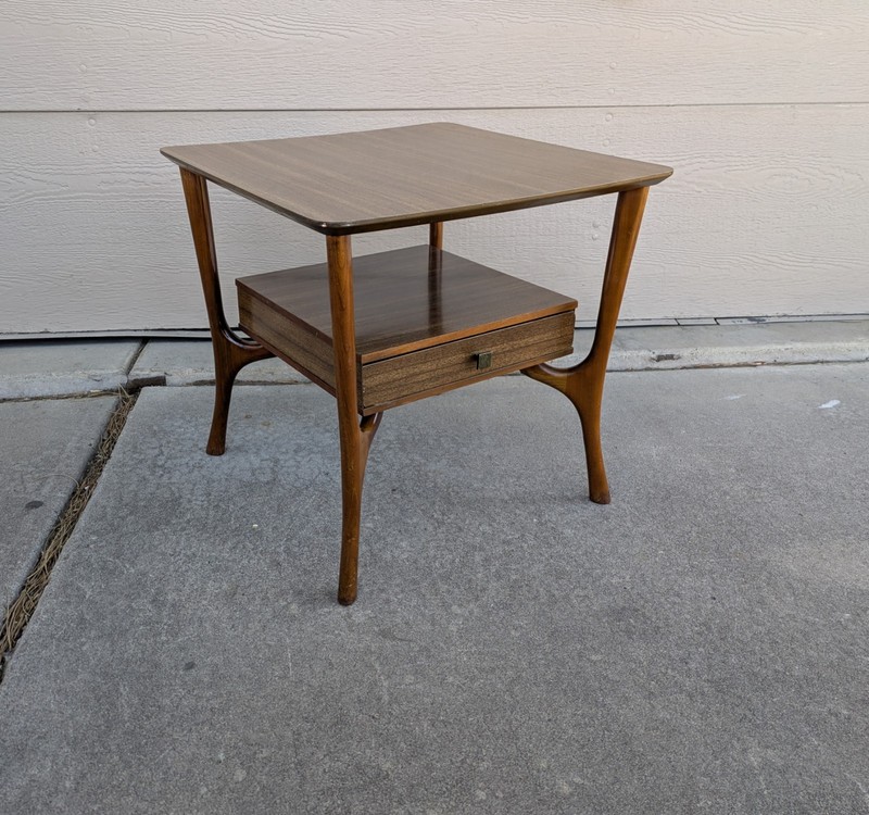 Vintage Mid Century Modern Atomic Floating Drawer Walnut Formica End Table J25