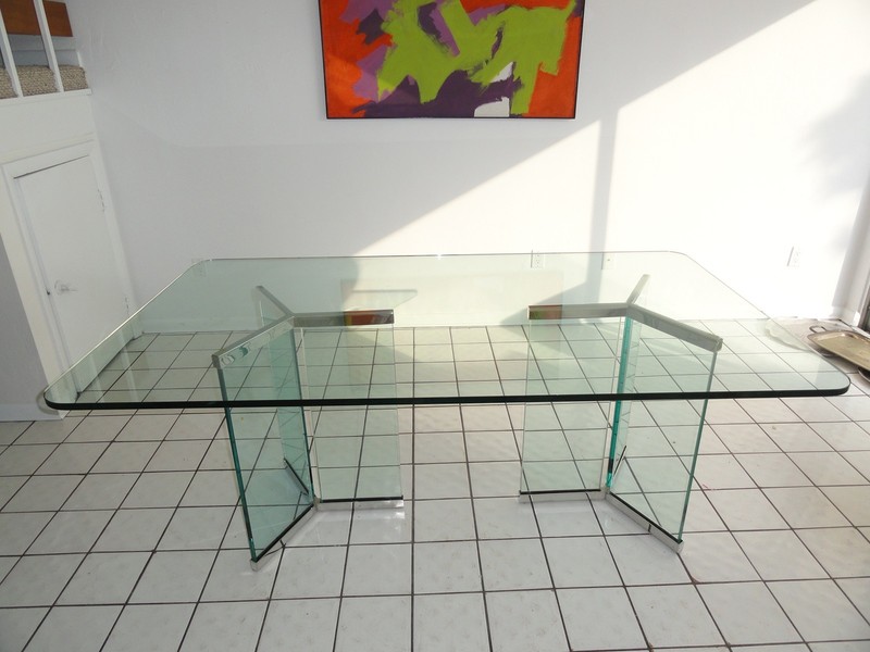 EXCEPTIONAL 70's MODERN ROSEN PACE DINING TABLE w GLASS AND CHROME PEDESTAL