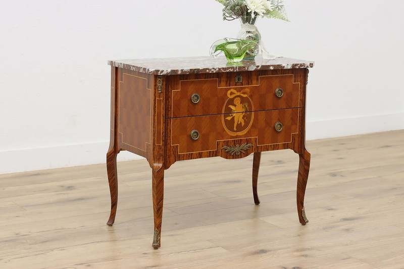 French Vintage Mahogany & Marble Console or Chest, Cherub #49944 gallery