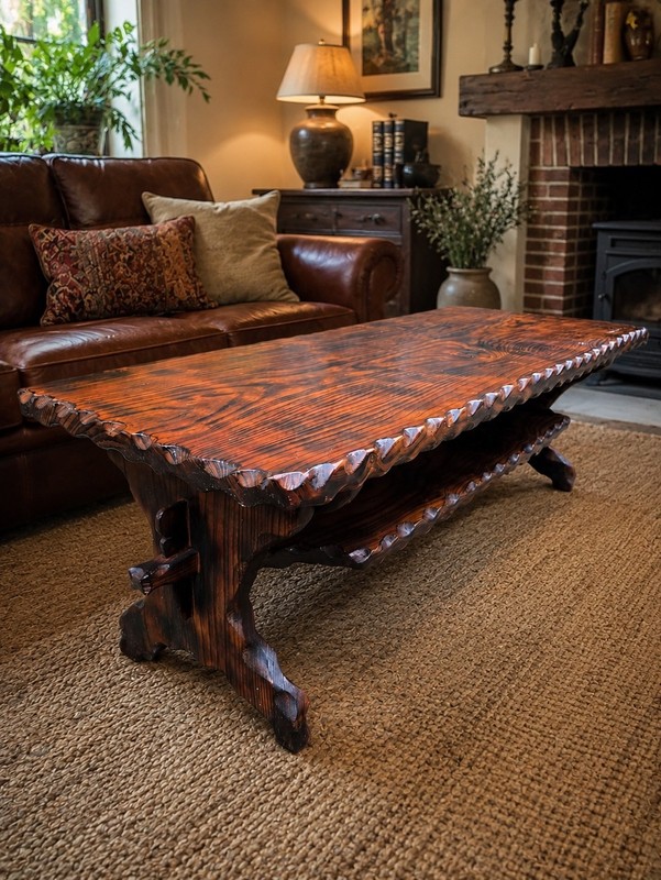 Rustic Handmade Solid Wood Coffee Table Carved Edge Heavy Cabin Lodge Style