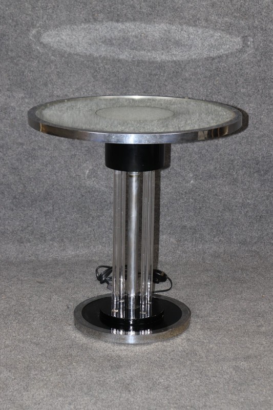 Unique Machine Age or Art Deco Glass and Chrome Lighted Pedestal Table