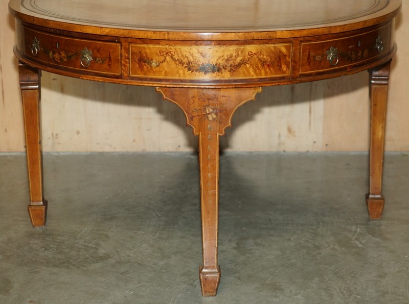 RESTORED ORIGINAL ANTIQUE SHERATON SATINWOOD BROWN LEATHER LIBRARY CENTRE TABLE gallery