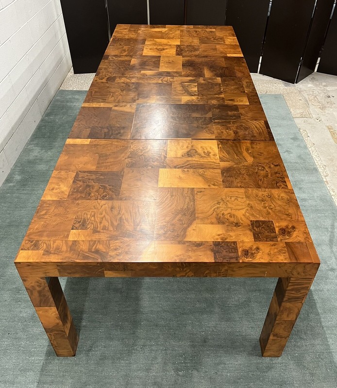 Paul Evans Mid-Century 105" Patchwork Burlwood Veneer Dining Table; 3 Leaves gallery