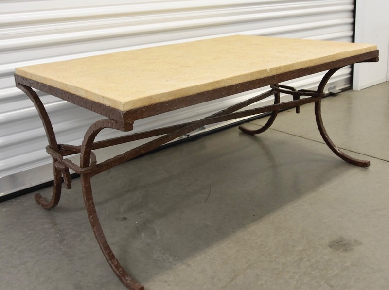 1970s Brutalist Rustic Iron Stone Top Coffee Table gallery
